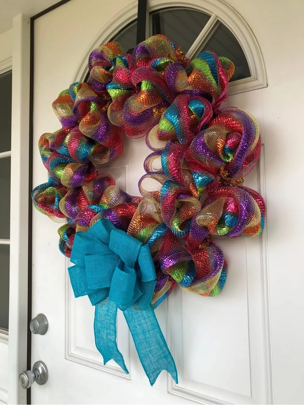 Handmade Rainbow Mesh Wreath with Teal Bow